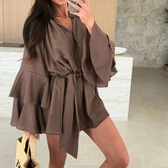 Coffee Boho Women's V-Neck Asymmetrical Tie-Up Long Sleeve Loose Mini Dress - Picture 3 of 5